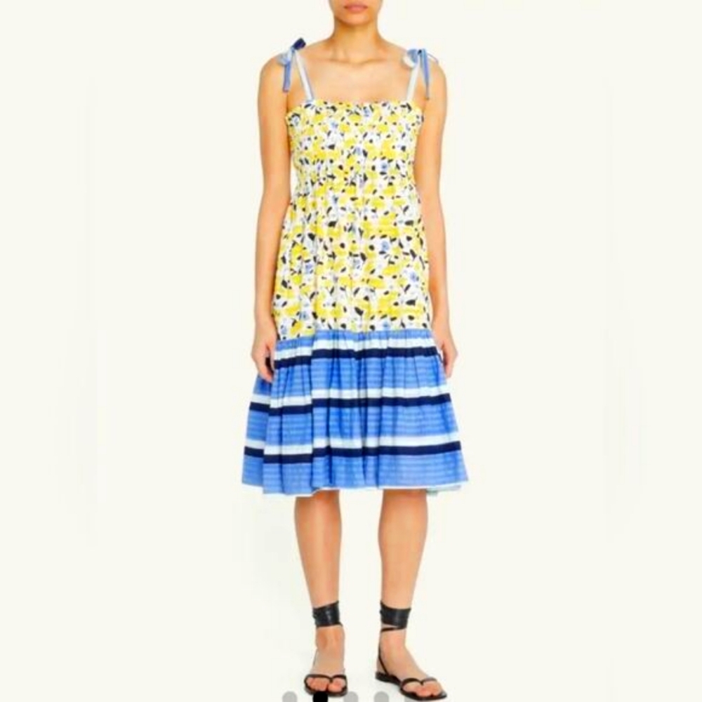 Tanya Taylor Leandra Size Large Yellow Blue Floral Striped Tiered Midi Sundress